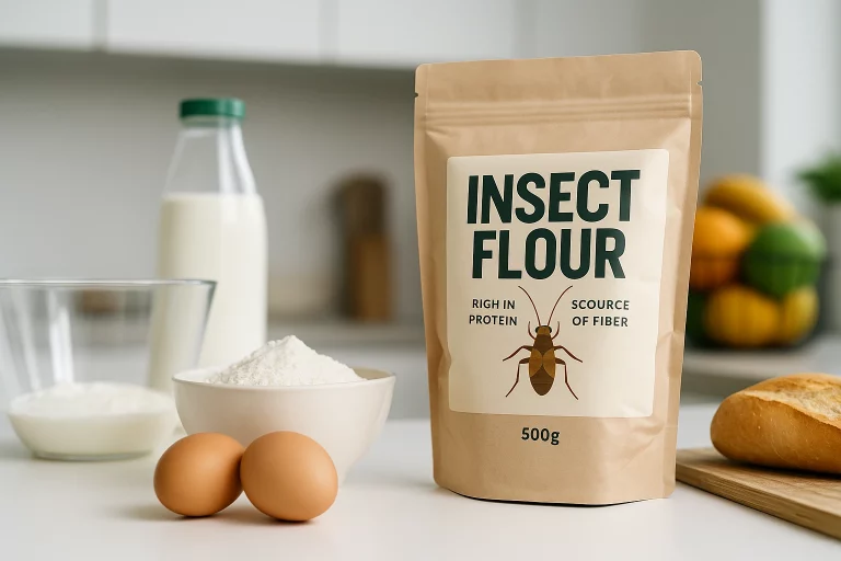 A bag of insect flour labelled "Rich in Protein, Source of Fiber" with eggs, milk and bread on a kitchen counter